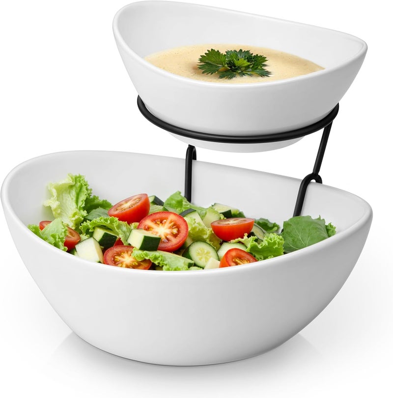 MALACASA 2 Tier Chip and Dip Serving Set with Metal Stand,Ceramic Appetizer Bowls for Party, Multi-Use Food Display for Fruits, Snacks,White Elegant Tiered Serving Dishes for Party - Image 1